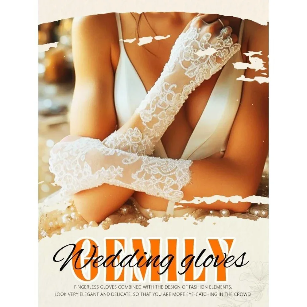 Women's Long Lace Fingerless Rhinestone White Gloves Party Tea Pram Accessories